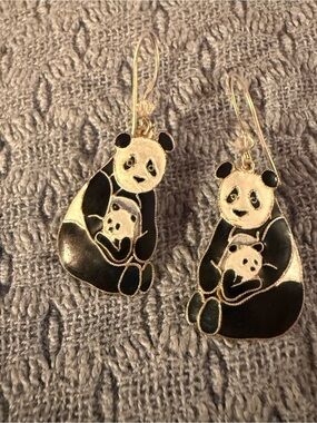 BAMBOO Black and White Panda Mom & Baby Drop Earrings Y2K